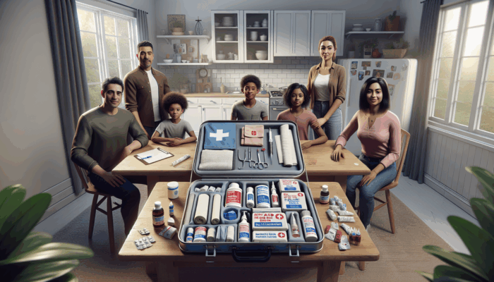 Best First Aid Kits for Families: A well-stocked first aid kit on a kitchen table, surrounded by a loving family, symbolizing safety and preparedness.