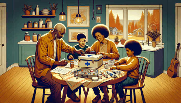 A family updating a first aid kit on a kitchen table, replacing expired items in a cozy home.