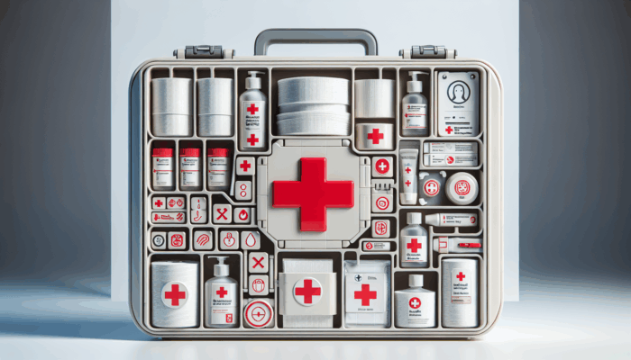 American Red Cross first aid kit with bandages, antiseptics, and emergency guides on a white surface.