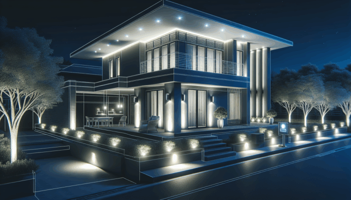Modern home at night with bright LED lights enhancing safety and deterring intruders.