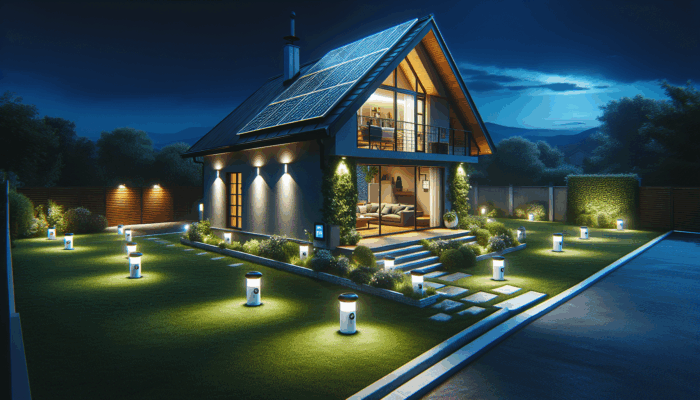 Eco-friendly solar-powered security lights enhancing a modern home's yard and pathways at night with motion sensors.