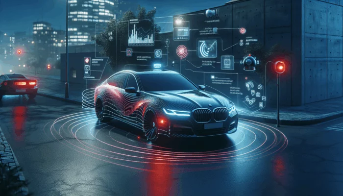 Sleek car on city street at night, high-tech alarm flashing red and sounding siren.