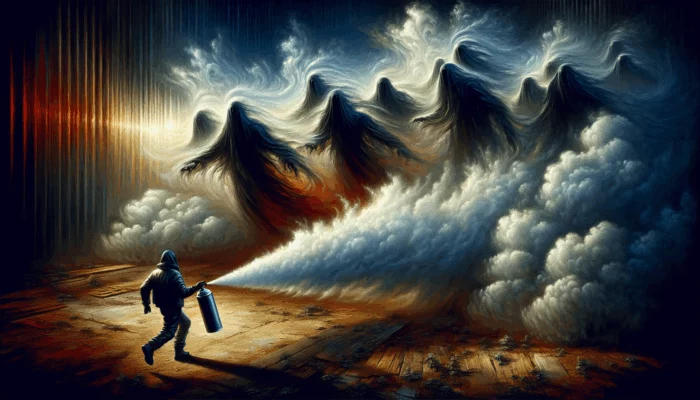 Fogger Spray for Self-Defense: Person using fogger spray outdoors, creating protective irritant cloud amidst multiple shadowy figures and swirling winds.