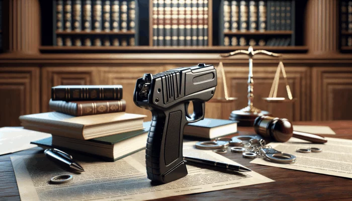 How to Use a Stun Gun: A stun gun on a table with legal documents and federal regulation books, courtroom in background.