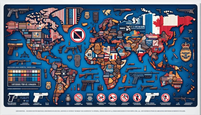 A global map showing stun gun laws, with U.S. unique, Canada prohibited, U.K. restricted under Firearms Act.