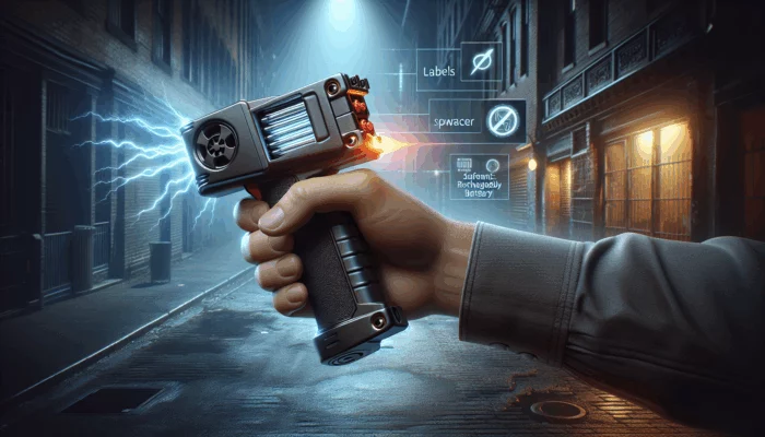 High-voltage stun gun with rechargeable battery and safety switch, held in urban alleyway.